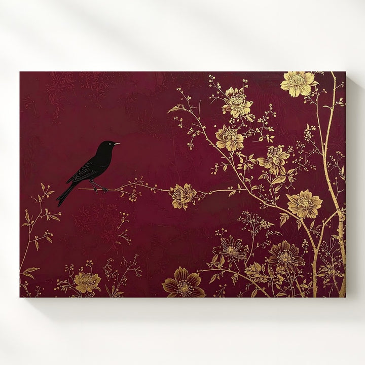 Golden Vine & Black Bird Canvas – Minimalist East Asian-Inspired Wall Art - Gifitto