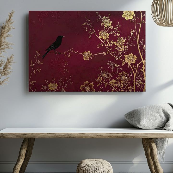Golden Vine & Black Bird Canvas – Minimalist East Asian-Inspired Wall Art - Gifitto