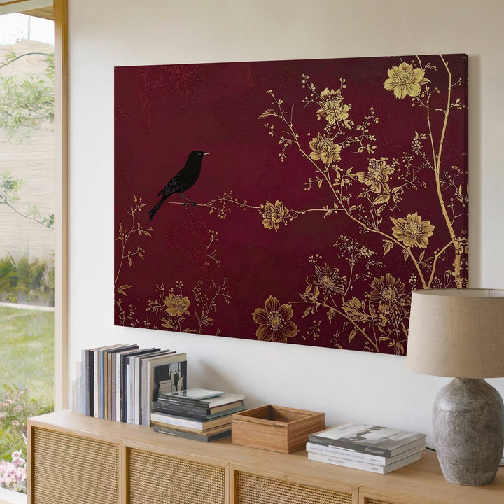 Golden Vine & Black Bird Canvas – Minimalist East Asian-Inspired Wall Art - Gifitto