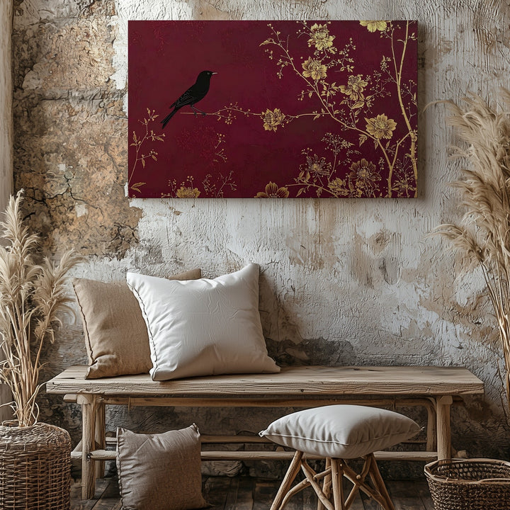 Golden Vine & Black Bird Canvas – Minimalist East Asian-Inspired Wall Art - Gifitto