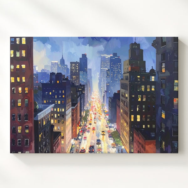 Midnight Avenue Canvas – Abstract Rainy Cityscape from Above