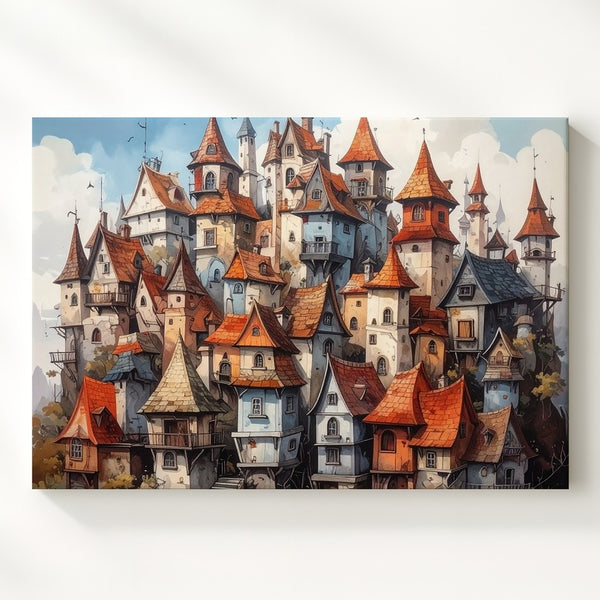 Whimsical Fairytale Village Canvas – Crooked Medieval Houses Fantasy Art - Gifitto