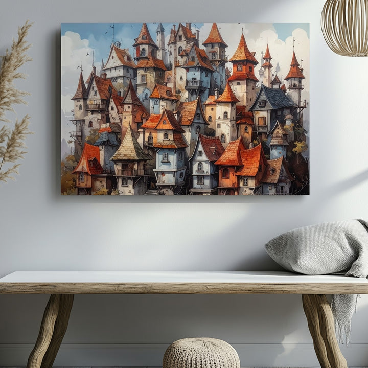 Whimsical Fairytale Village Canvas – Crooked Medieval Houses Fantasy Art - Gifitto