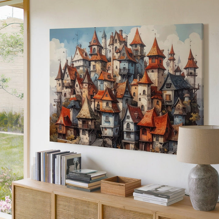 Whimsical Fairytale Village Canvas – Crooked Medieval Houses Fantasy Art - Gifitto