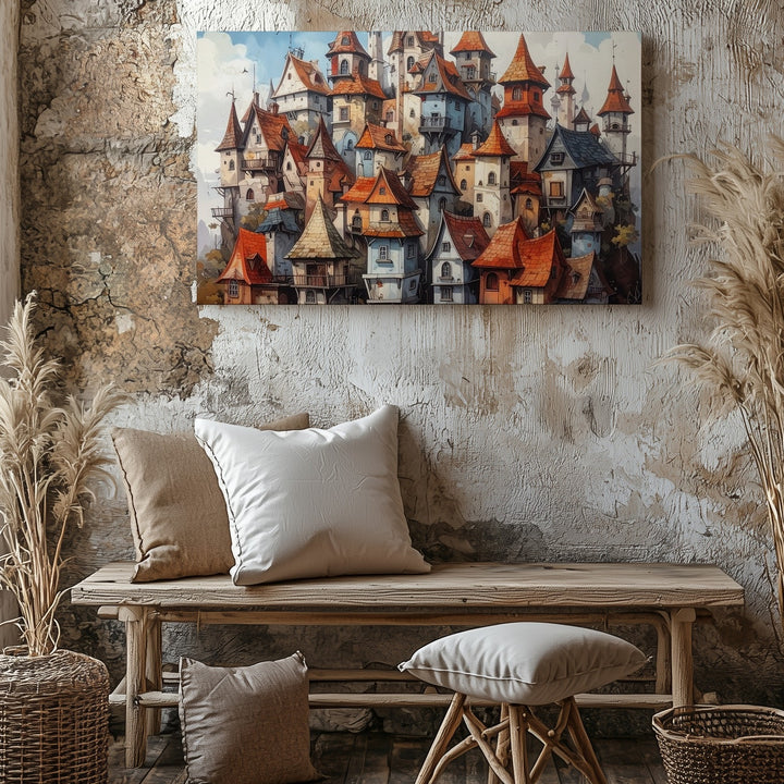 Whimsical Fairytale Village Canvas – Crooked Medieval Houses Fantasy Art - Gifitto