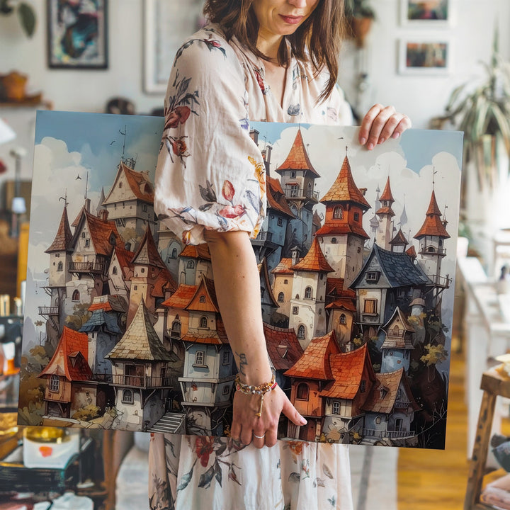Whimsical Fairytale Village Canvas – Crooked Medieval Houses Fantasy Art - Gifitto