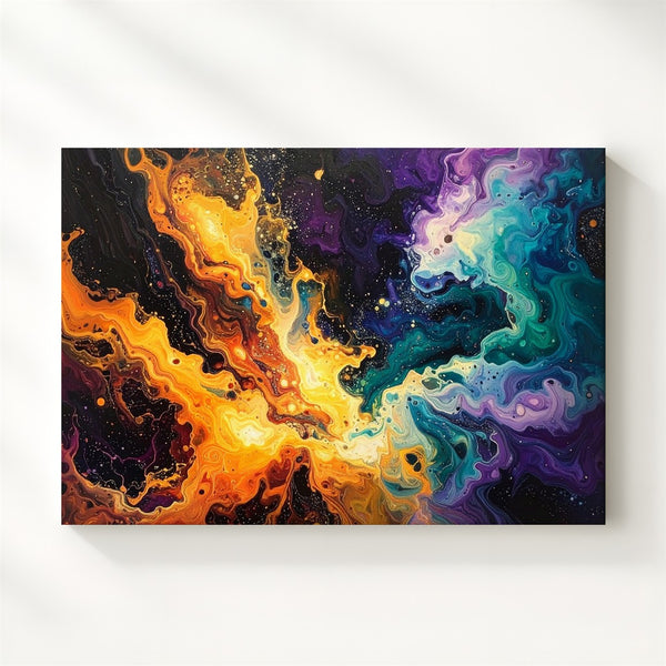 Cosmic Flow Canvas – Abstract Nebula in Orange, Teal & Violet Brushstrokes - Gifitto