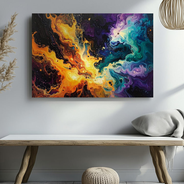 Cosmic Flow Canvas – Abstract Nebula in Orange, Teal & Violet Brushstrokes - Gifitto