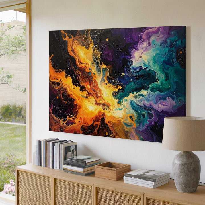 Cosmic Flow Canvas – Abstract Nebula in Orange, Teal & Violet Brushstrokes - Gifitto
