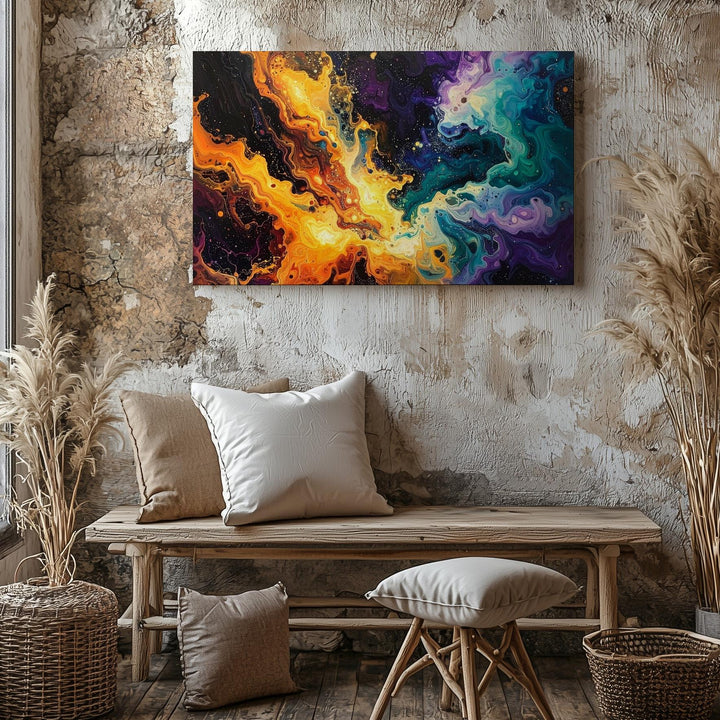 Cosmic Flow Canvas – Abstract Nebula in Orange, Teal & Violet Brushstrokes - Gifitto
