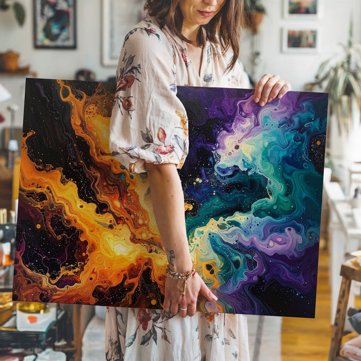 Cosmic Flow Canvas – Abstract Nebula in Orange, Teal & Violet Brushstrokes - Gifitto