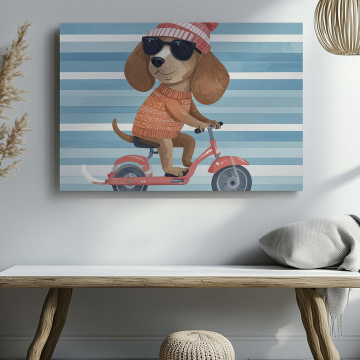 Adorable Dog on Scooter Canvas – Fun Nursery Wall Art - Gifitto