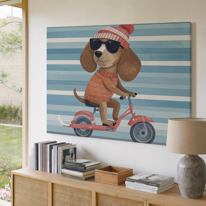 Adorable Dog on Scooter Canvas – Fun Nursery Wall Art - Gifitto