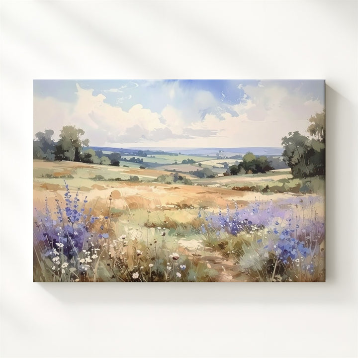Lavender Haze Meadow Canvas – Soft Watercolor Countryside with Wildflowers - Gifitto