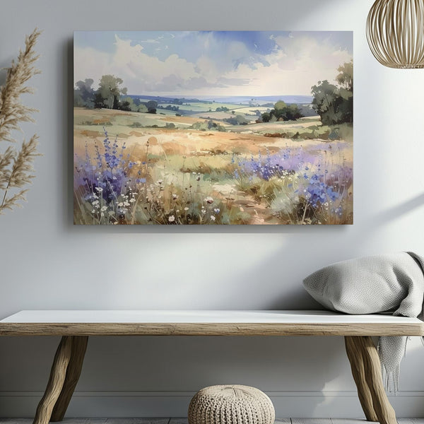 Lavender Haze Meadow Canvas – Soft Watercolor Countryside with Wildflowers - Gifitto