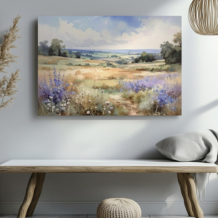 Lavender Haze Meadow Canvas – Soft Watercolor Countryside with Wildflowers - Gifitto