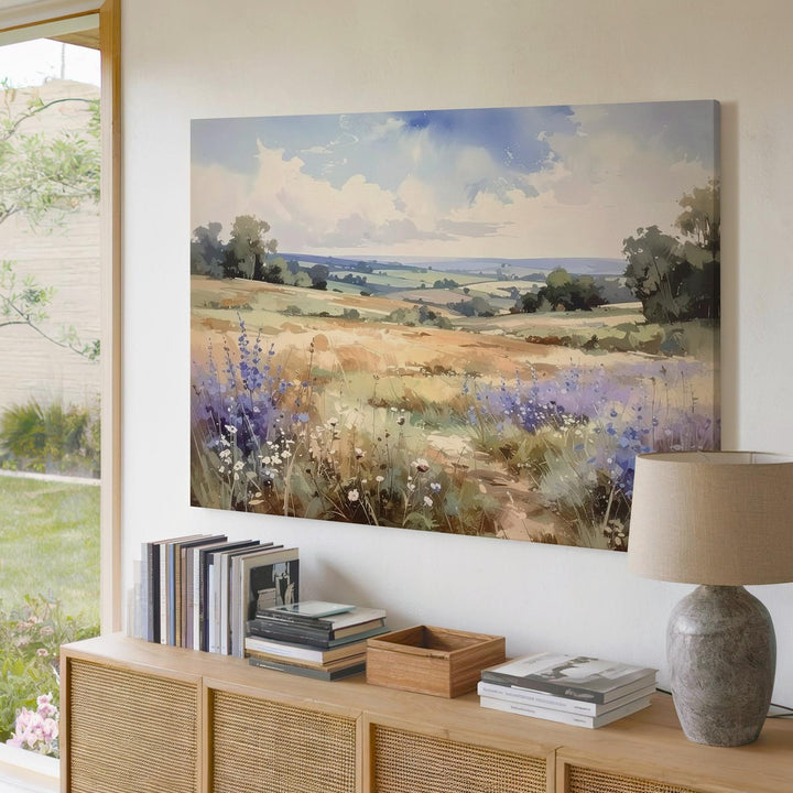 Lavender Haze Meadow Canvas – Soft Watercolor Countryside with Wildflowers - Gifitto