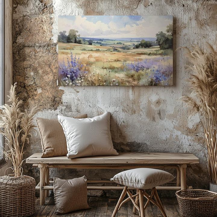 Lavender Haze Meadow Canvas – Soft Watercolor Countryside with Wildflowers - Gifitto