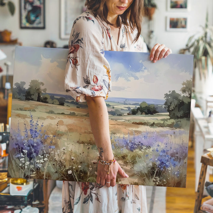 Lavender Haze Meadow Canvas – Soft Watercolor Countryside with Wildflowers - Gifitto