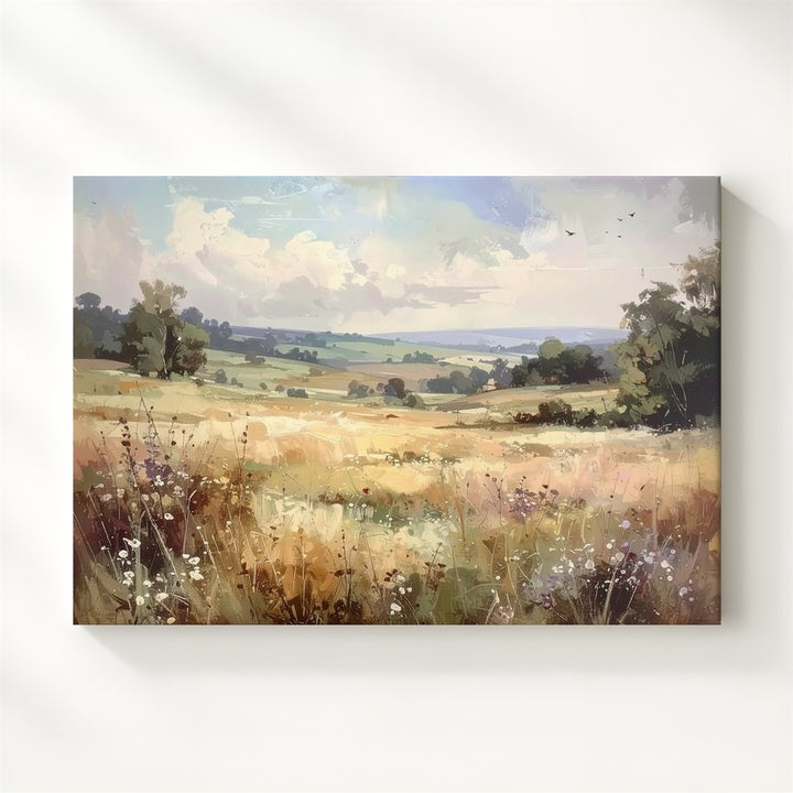 Golden Meadow Horizon Canvas – Impressionist Field with Soaring Birds - Gifitto