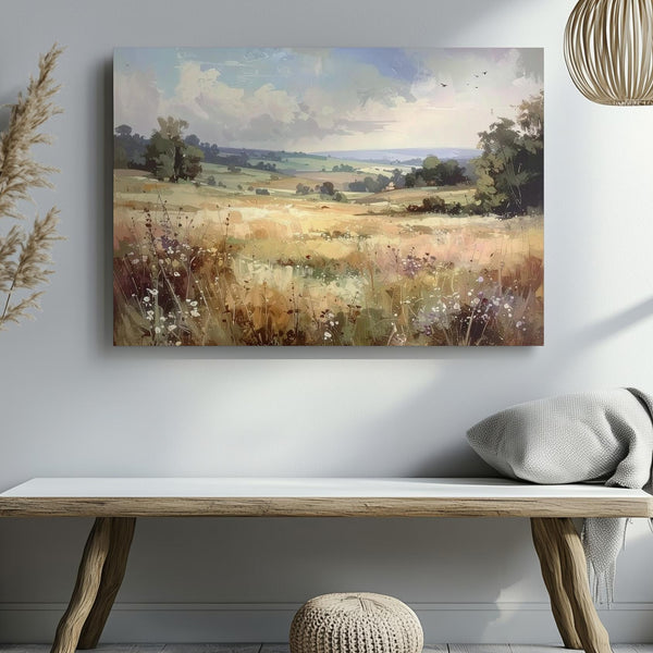 Golden Meadow Horizon Canvas – Impressionist Field with Soaring Birds - Gifitto