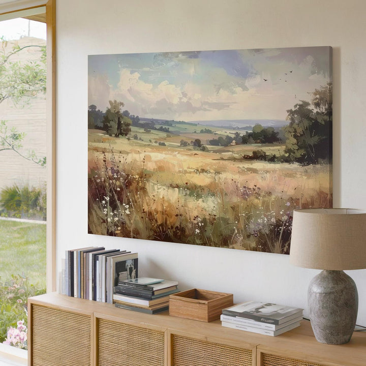 Golden Meadow Horizon Canvas – Impressionist Field with Soaring Birds - Gifitto