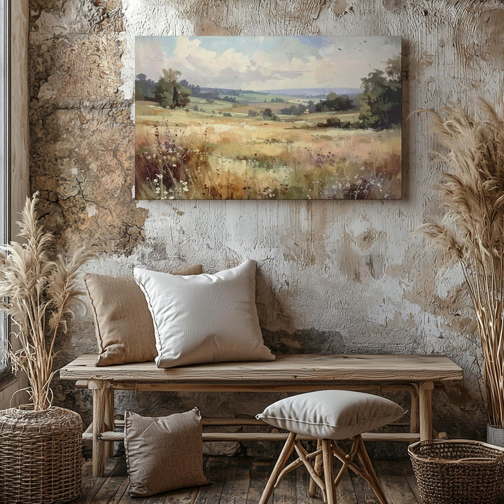 Golden Meadow Horizon Canvas – Impressionist Field with Soaring Birds - Gifitto