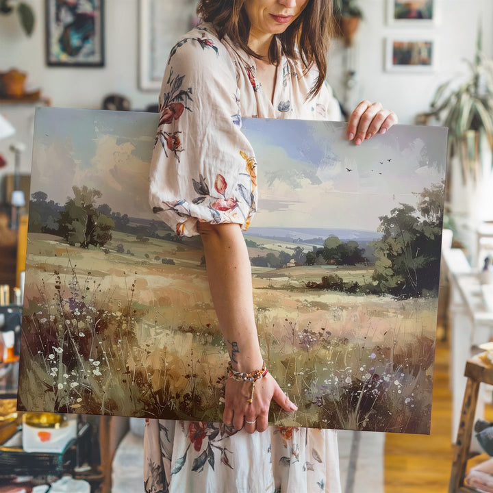 Golden Meadow Horizon Canvas – Impressionist Field with Soaring Birds - Gifitto