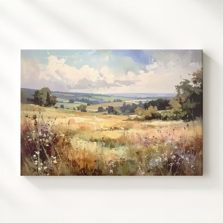 Dreamlike Meadow Canvas – Watercolor Countryside with Pastel Sky & Wild Grasses - Gifitto