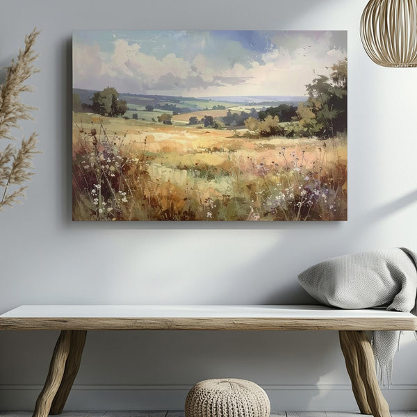 Dreamlike Meadow Canvas – Watercolor Countryside with Pastel Sky & Wild Grasses - Gifitto