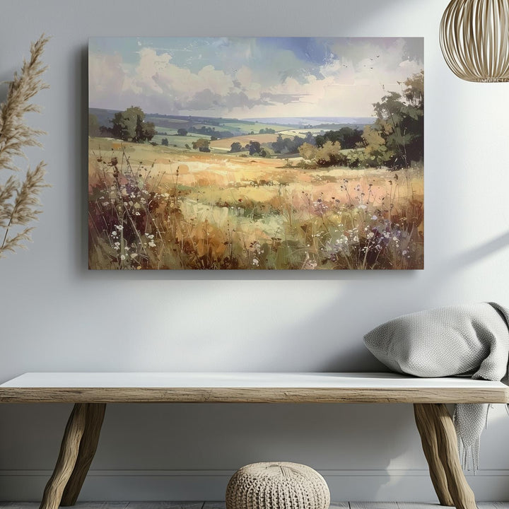Dreamlike Meadow Canvas – Watercolor Countryside with Pastel Sky & Wild Grasses - Gifitto
