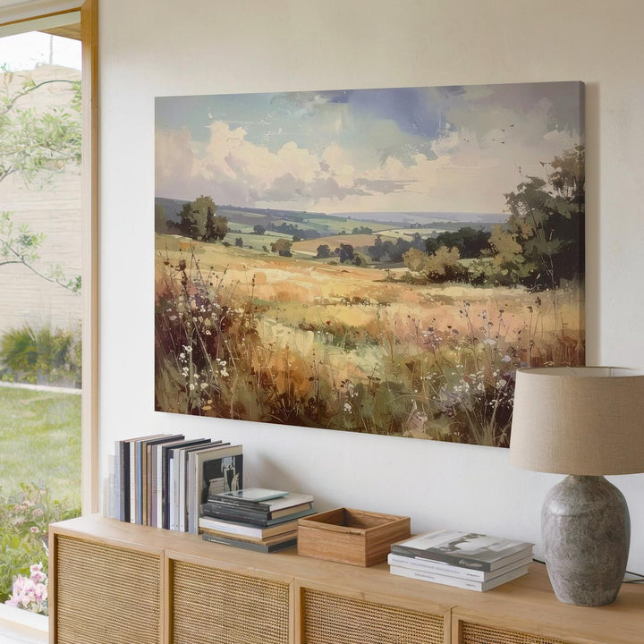 Dreamlike Meadow Canvas – Watercolor Countryside with Pastel Sky & Wild Grasses - Gifitto