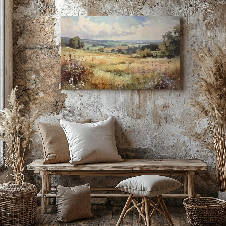 Dreamlike Meadow Canvas – Watercolor Countryside with Pastel Sky & Wild Grasses - Gifitto