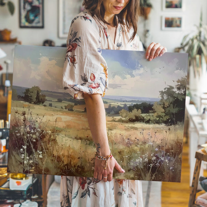 Dreamlike Meadow Canvas – Watercolor Countryside with Pastel Sky & Wild Grasses - Gifitto
