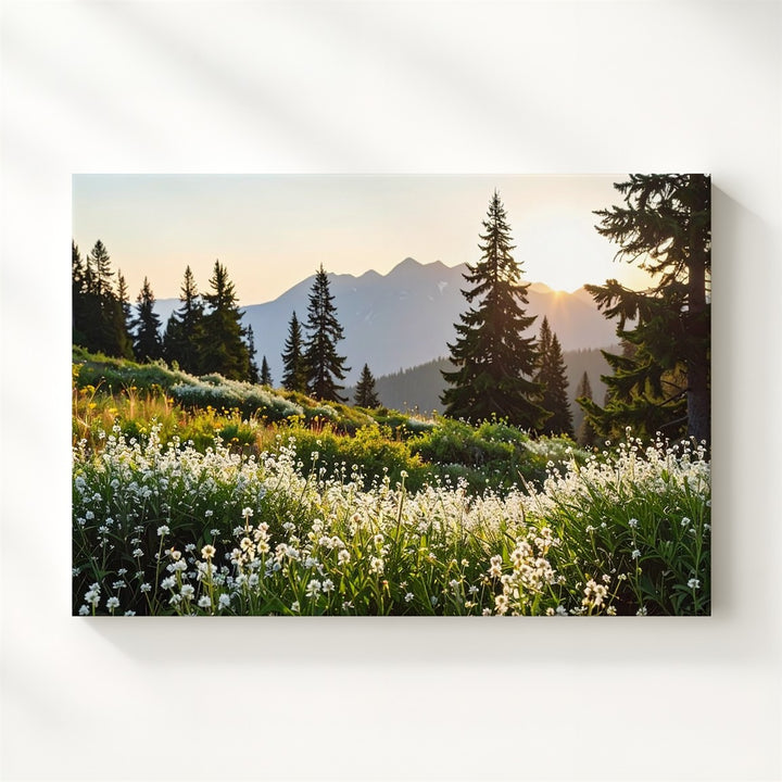Golden Hour Wildflower Canvas – Photoreal Meadow with Sunset, Trees & Mountains - Gifitto