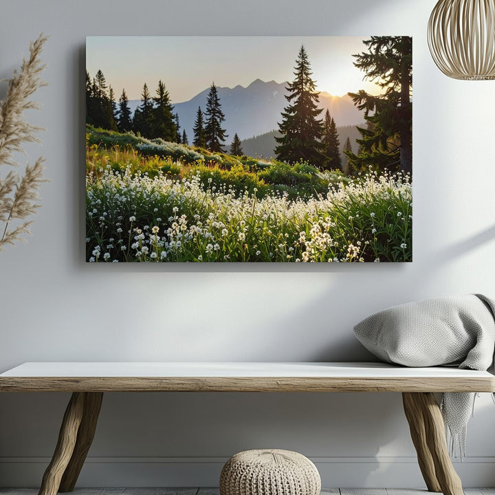 Golden Hour Wildflower Canvas – Photoreal Meadow with Sunset, Trees & Mountains - Gifitto