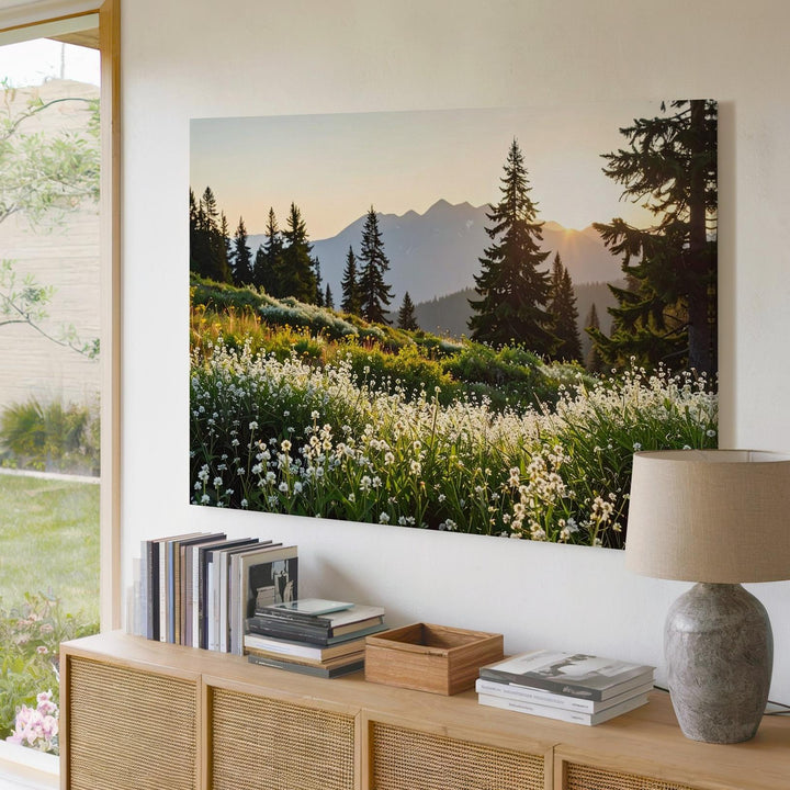 Golden Hour Wildflower Canvas – Photoreal Meadow with Sunset, Trees & Mountains - Gifitto