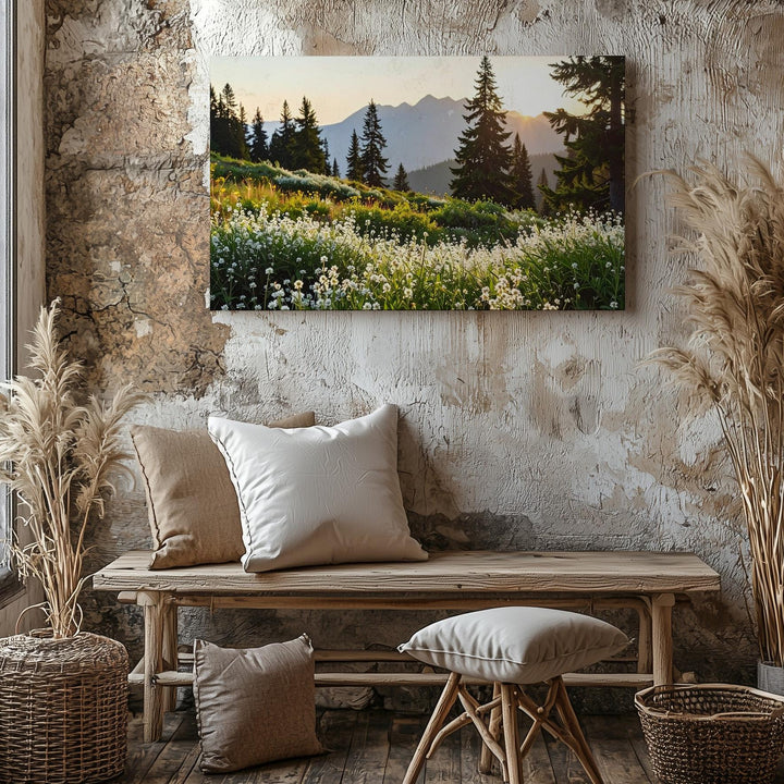 Golden Hour Wildflower Canvas – Photoreal Meadow with Sunset, Trees & Mountains - Gifitto