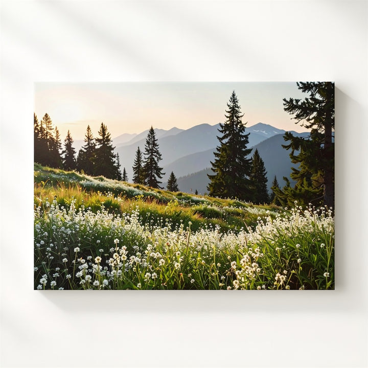 Tranquil Bloom Canvas – Wildflower Field with Pines, Mountains & Sunrise Light - Gifitto
