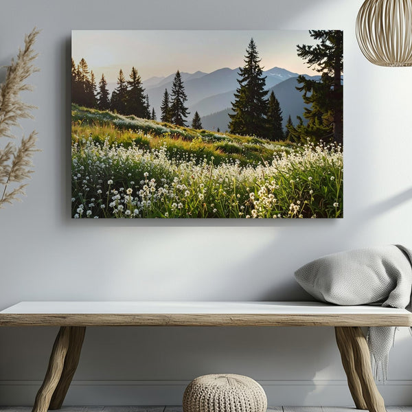 Tranquil Bloom Canvas – Wildflower Field with Pines, Mountains & Sunrise Light - Gifitto