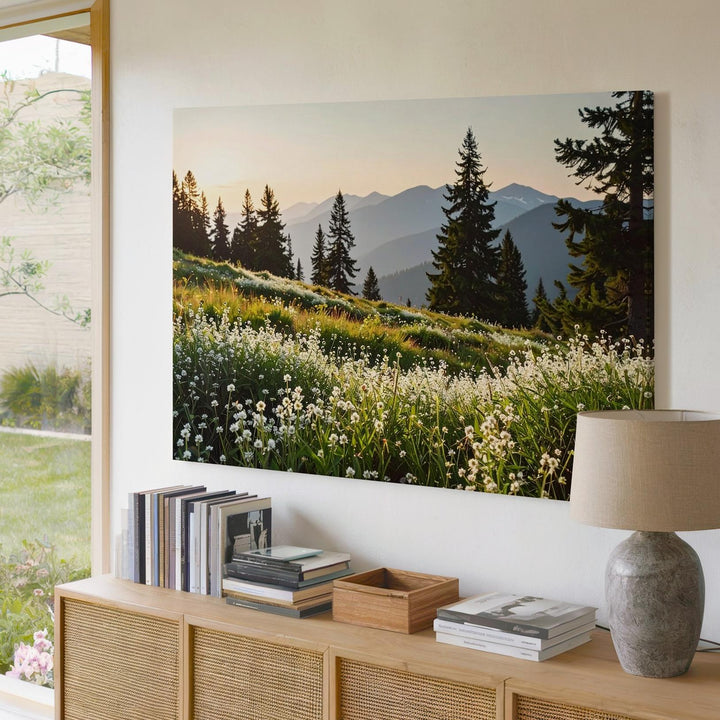 Tranquil Bloom Canvas – Wildflower Field with Pines, Mountains & Sunrise Light - Gifitto