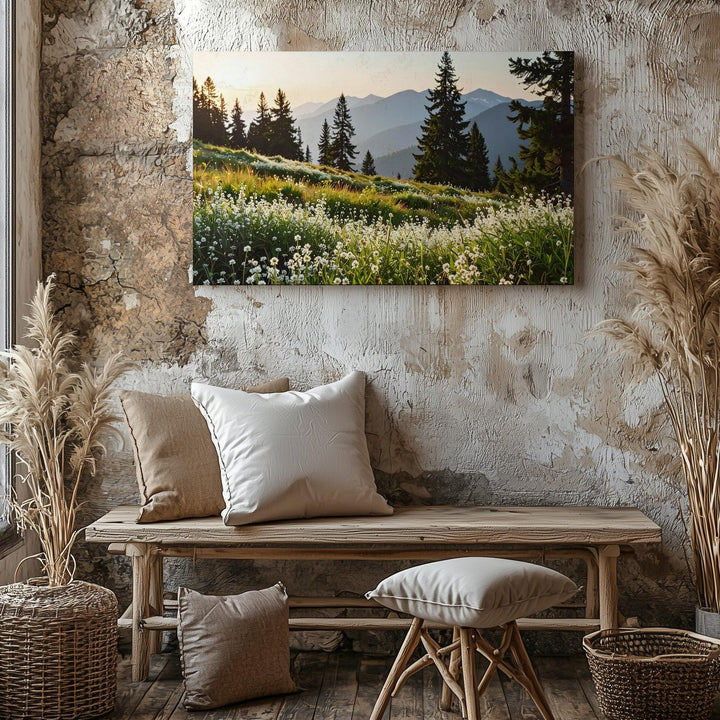 Tranquil Bloom Canvas – Wildflower Field with Pines, Mountains & Sunrise Light - Gifitto