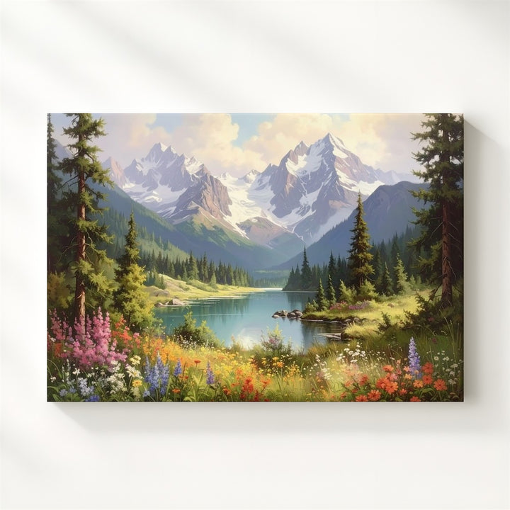 Alpine Radiance Canvas – Wildflower Valley with Lake, Pines & Snowy Mountains - Gifitto