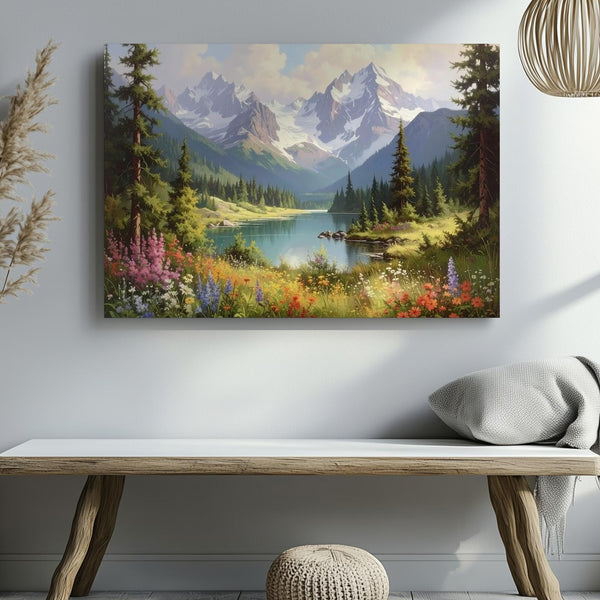 Alpine Radiance Canvas – Wildflower Valley with Lake, Pines & Snowy Mountains - Gifitto