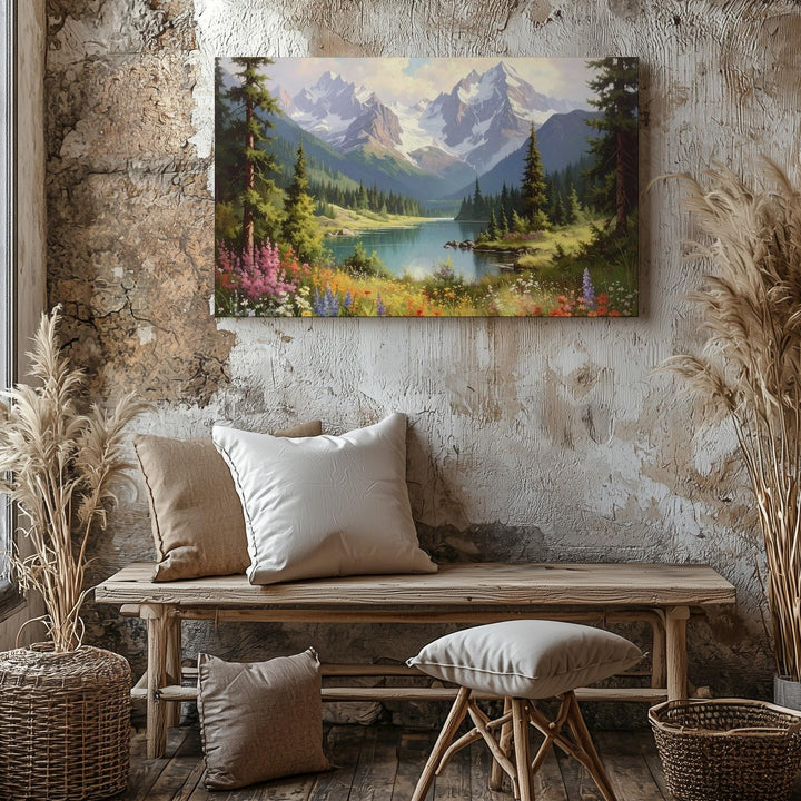 Alpine Radiance Canvas – Wildflower Valley with Lake, Pines & Snowy Mountains - Gifitto