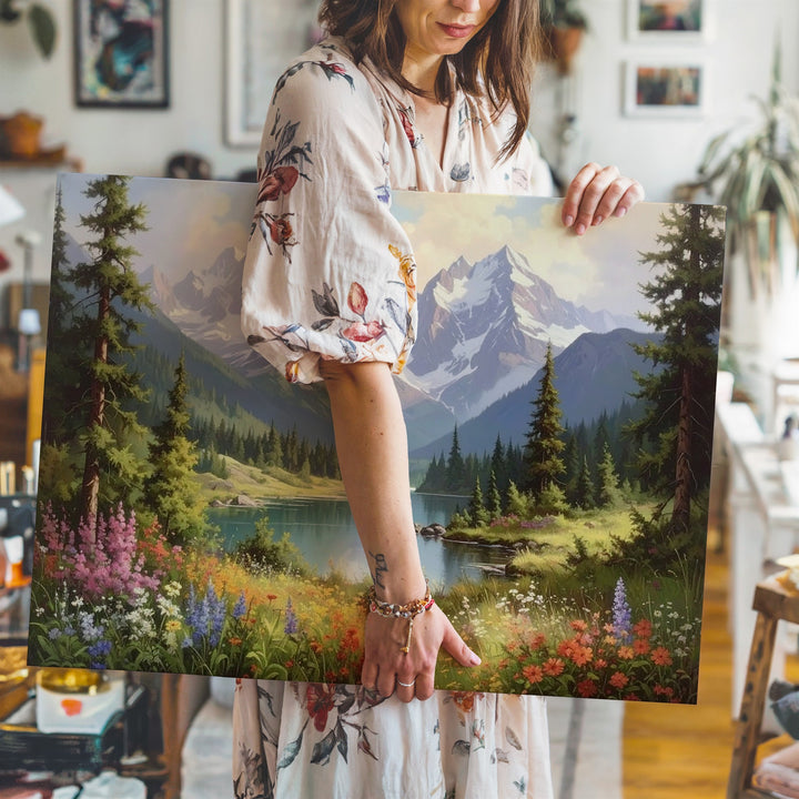 Alpine Radiance Canvas – Wildflower Valley with Lake, Pines & Snowy Mountains - Gifitto