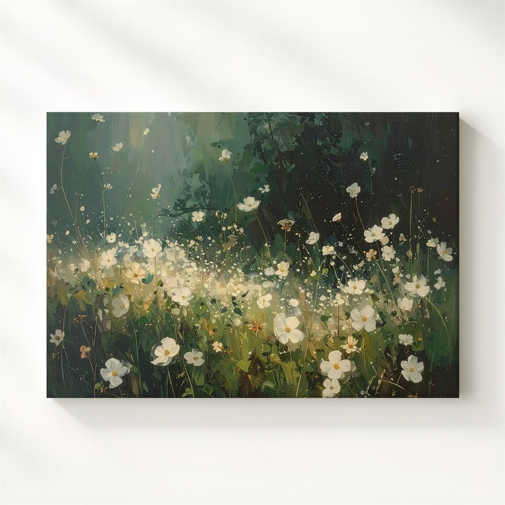 Twilight Bloom Canvas – Abstract White Wildflowers in Deep Forest Light - Gifitto