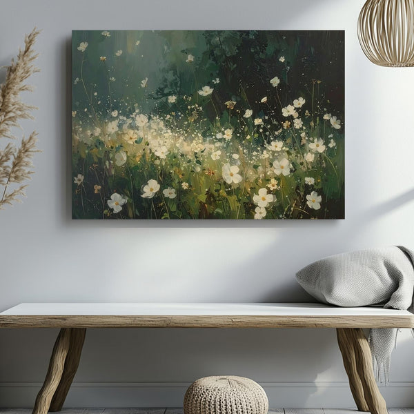 Twilight Bloom Canvas – Abstract White Wildflowers in Deep Forest Light - Gifitto