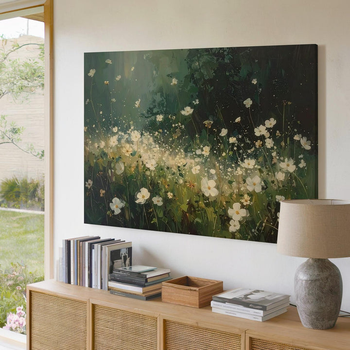 Twilight Bloom Canvas – Abstract White Wildflowers in Deep Forest Light - Gifitto