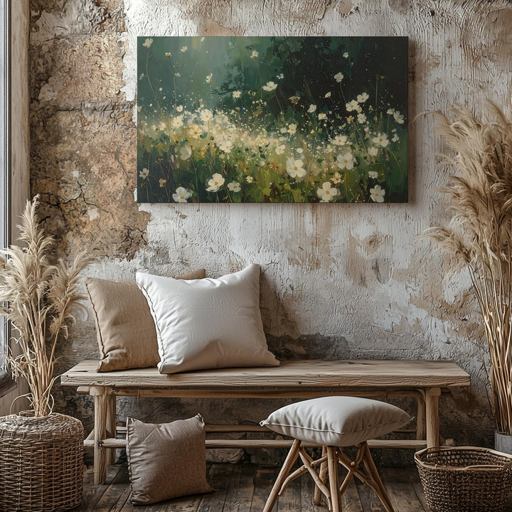 Twilight Bloom Canvas – Abstract White Wildflowers in Deep Forest Light - Gifitto
